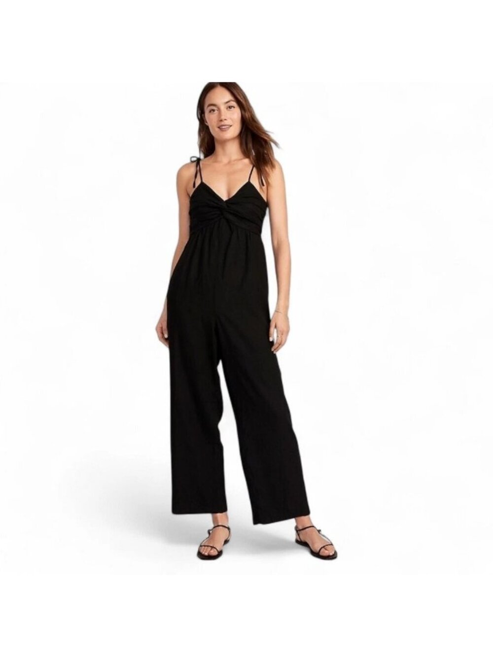 NWT Old Navy Black Linen Blend Jumpsuit L Spaghetti Strap Tie Wide Leg Beachy